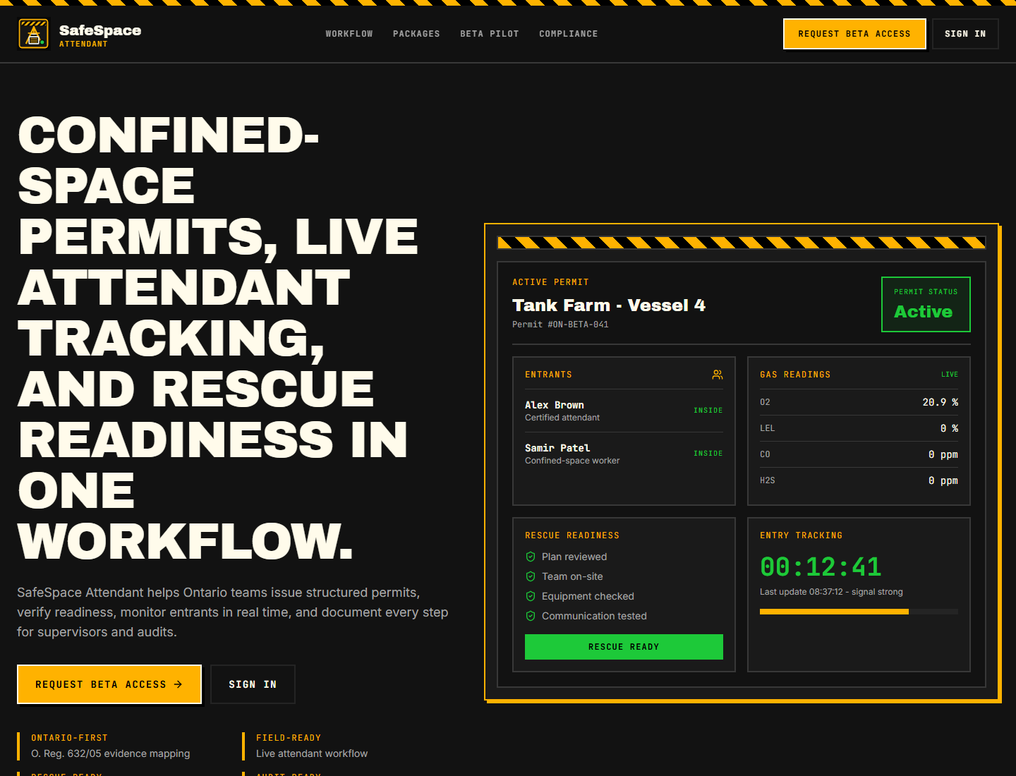 SafeSpace Attendant landing page showing confined-space permit and live attendant workflow